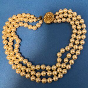 Carolee Three Strand Glass Faux Pearl Fancy Clasp Slide In 17" Necklace